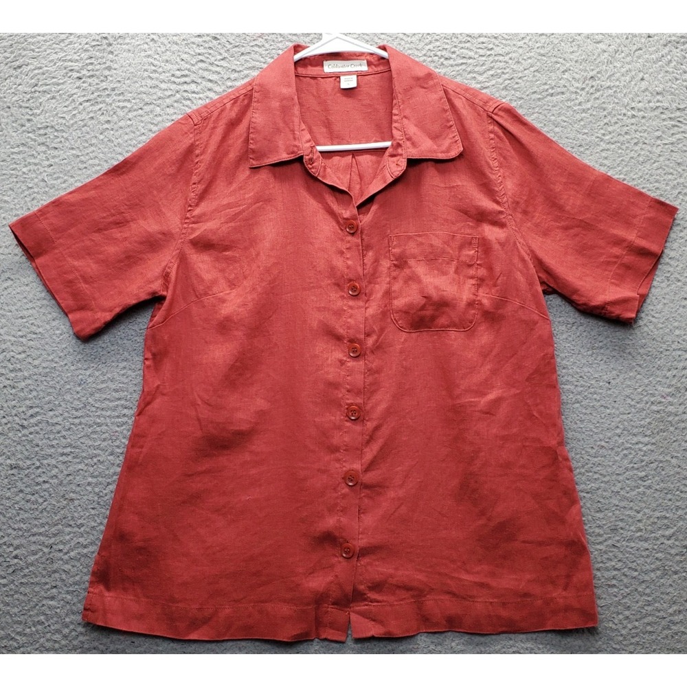 Coldwater Creek Shirt Top Womens Small Red Linen Short Sleeve Collared Button Up